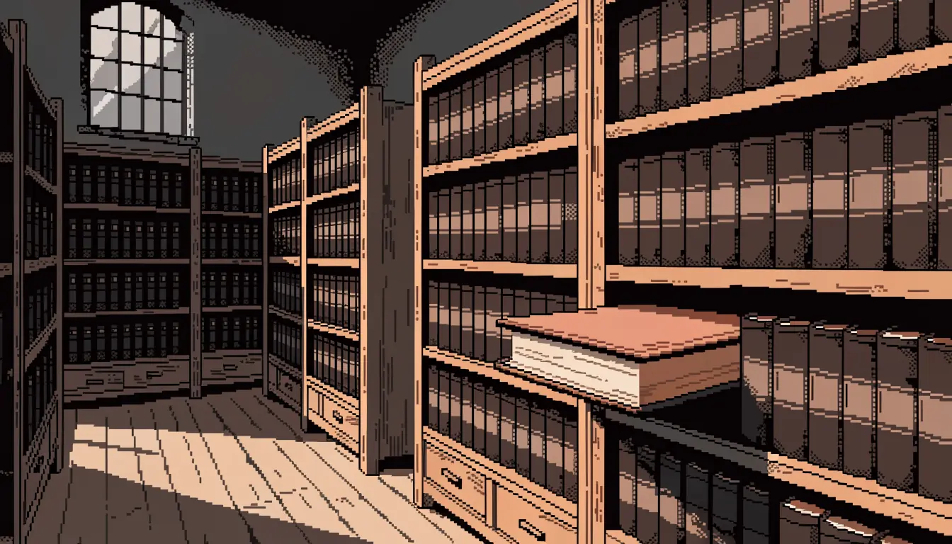 Leather-bound ledgers on oak archive shelves under arched window
