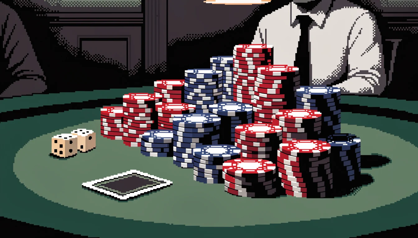 Casino chips, dice and face-down card on green baize under lamp