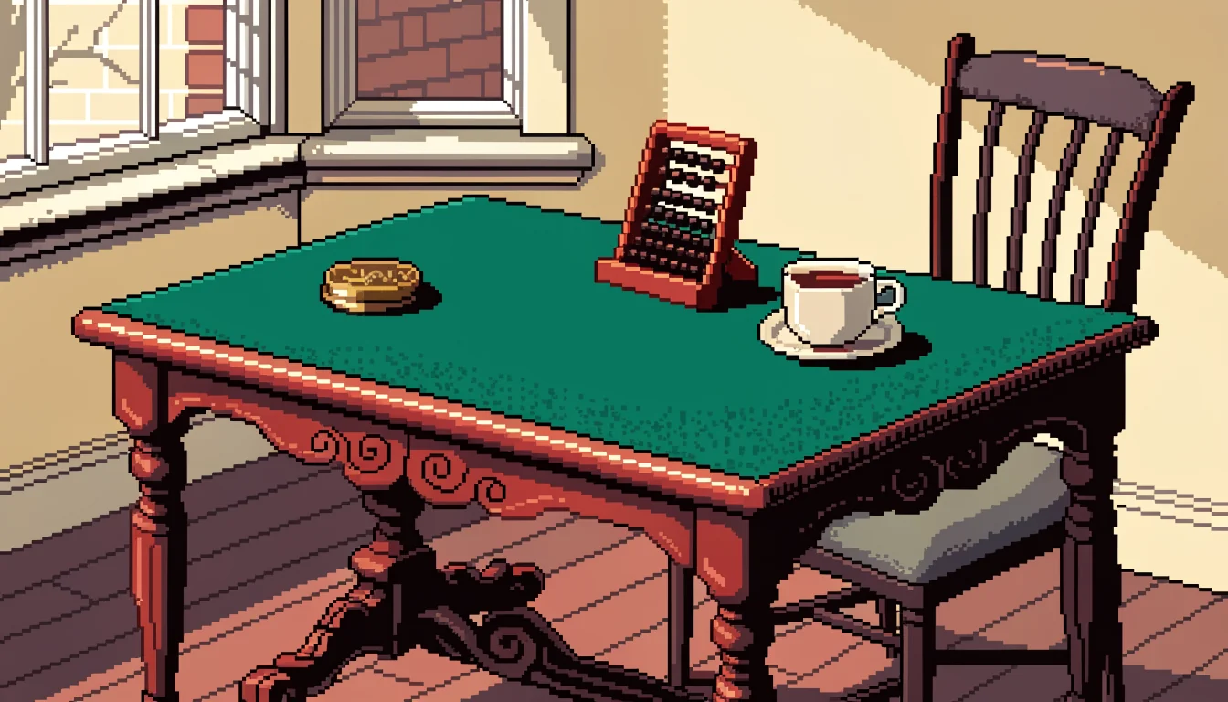 Wooden card table with brass token, abacus and tea, empty chair